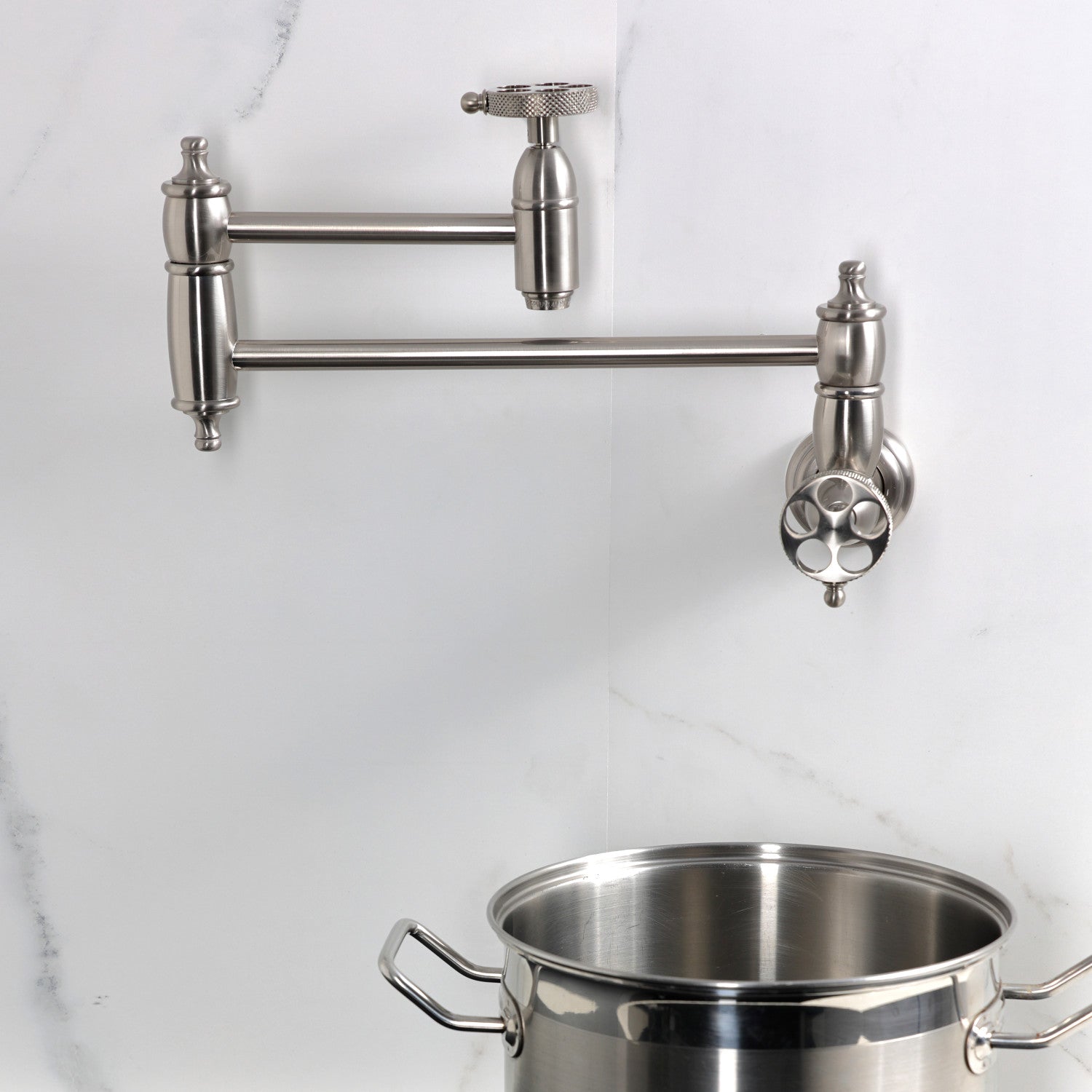 Kingston Tulare KS3108RKX - Webb Two-Handle 1-Hole Wall Mount Pot Filler Faucet with Knurled Handle, Brushed Nickel — thumbnail 3